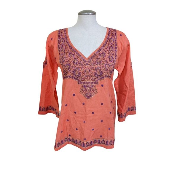 Womens Large Tunic Top Orange Purple Embroidered Cotton Boho Resort Beach Hippie - Picture 1 of 9